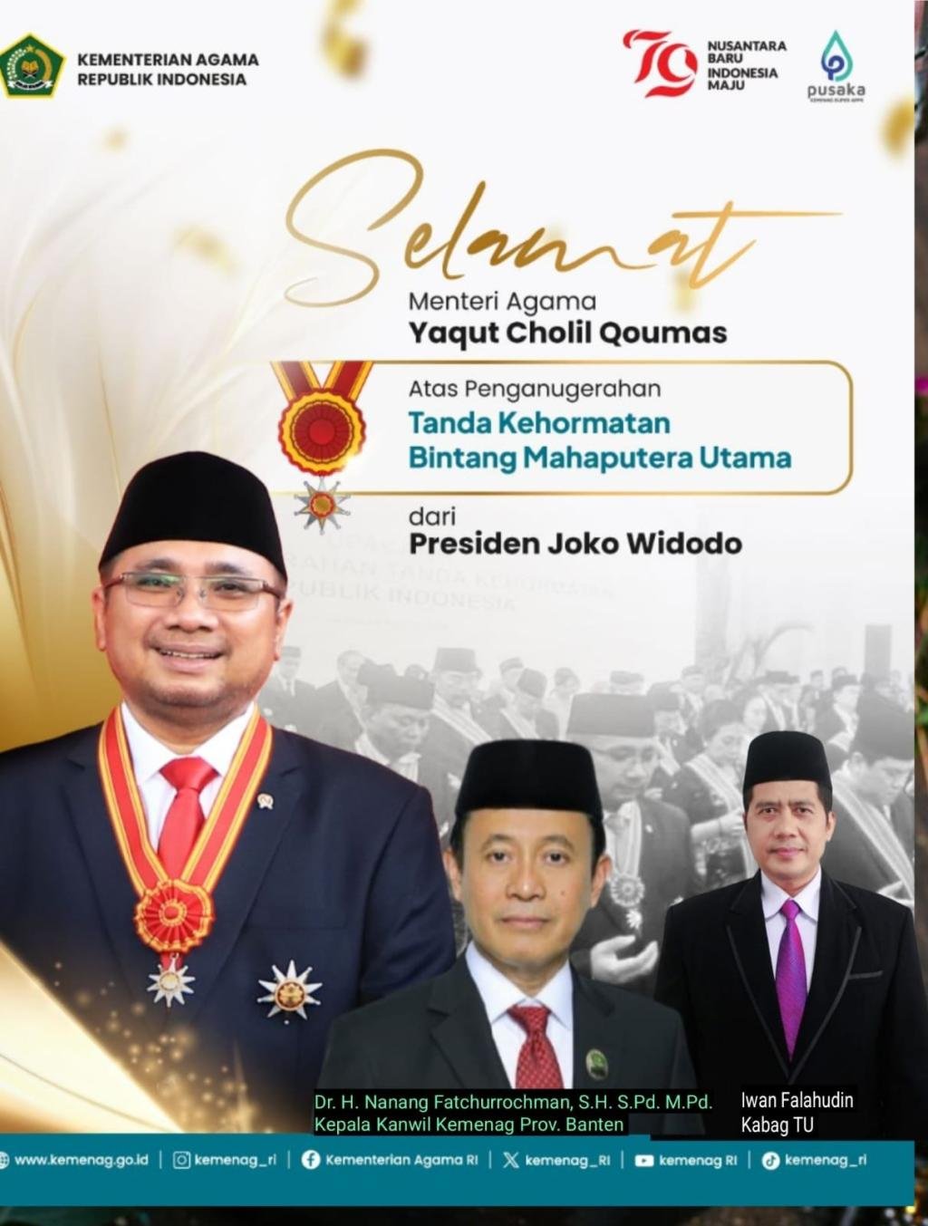 Kanwil Kemenag Banten Apresiasi Penganugerahan Bintang Mahaputera Utama kepada Menteri Agama Yaqut Cholil Qoumas
